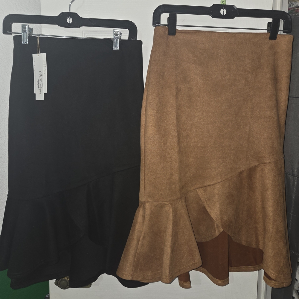 NWT Belle Poque Faux Suede Mermaid Mide Skirts. 1 Black and 1 Cognac. Size S
